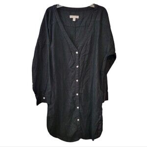 Chelsea 28 Black Linen Blend Button Up Tunic Top Size XS Oversized Lagenlook